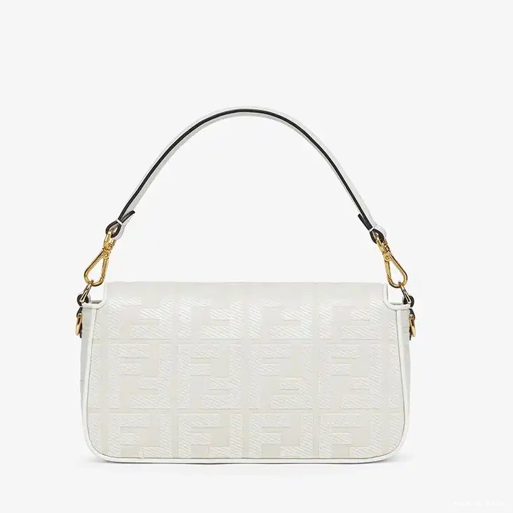 Cheap HOT White Baguette Bag Canvas In with Strap Medium Cut Laser Fendi FF Motif 0525